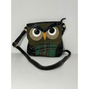 Owl Canvas Plaid‎ Mixed Media Crossbody Bag Olive Green Black Small Messenger